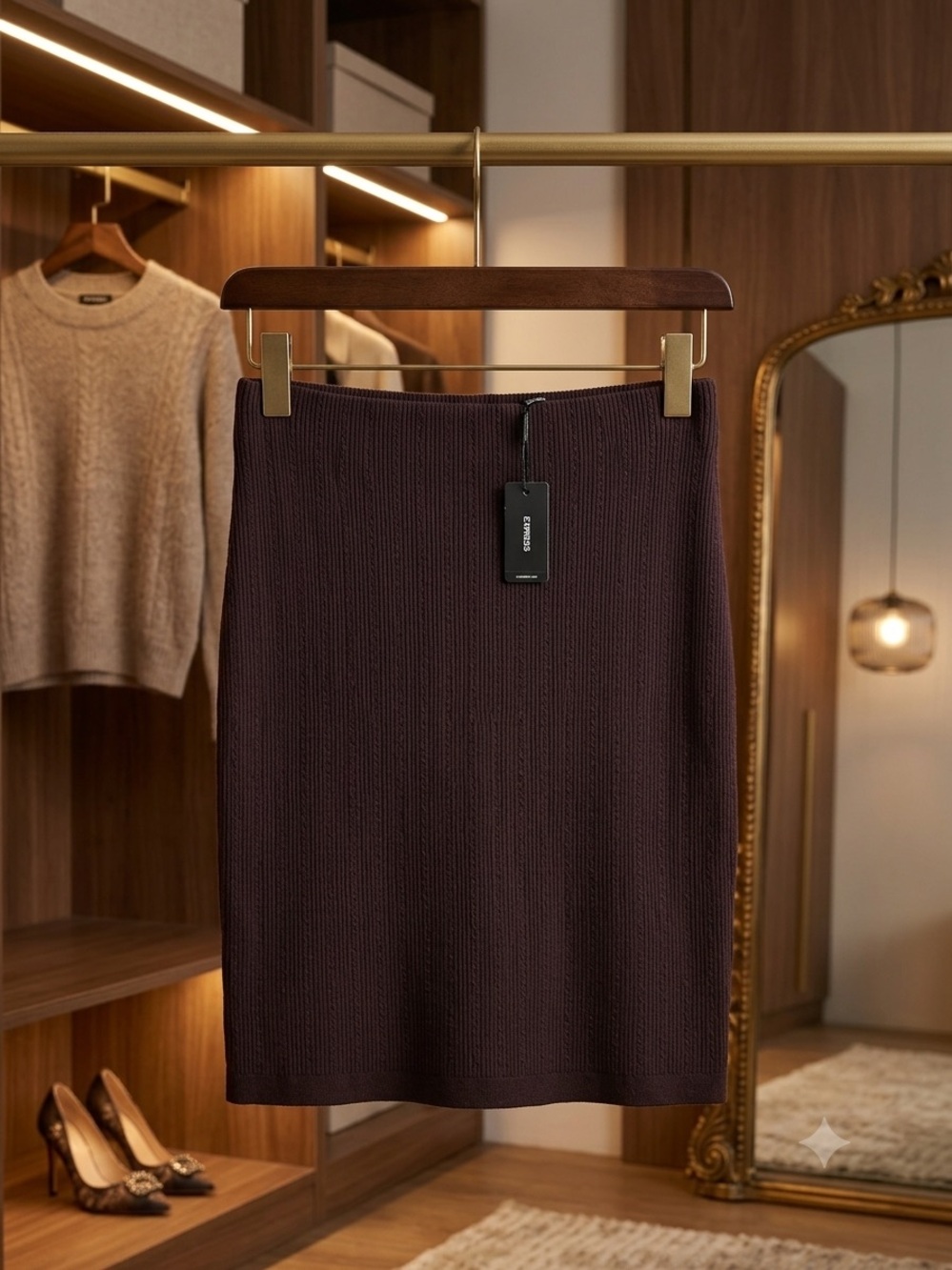 Express Rib-Knit Pencil Skirt in Dark Brown - Picture 1 of 1